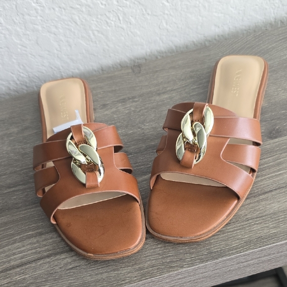 Nine West Tan Leather Slide Sandals with Gold Accent - Picture 1 of 1